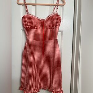 Red Gingham Dress with Lace Trim